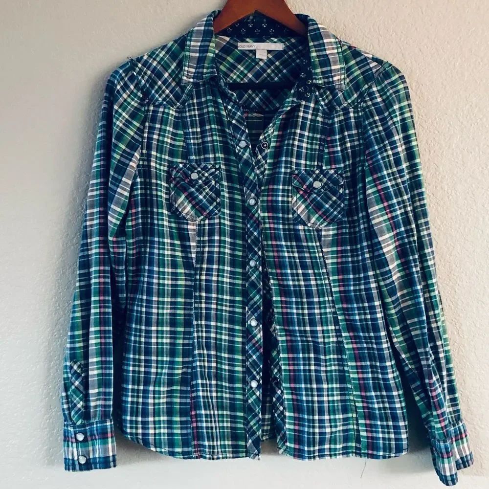 Old Navy Plaid Cotton Flannel Button Down Snap Long Sleeve Shirt S